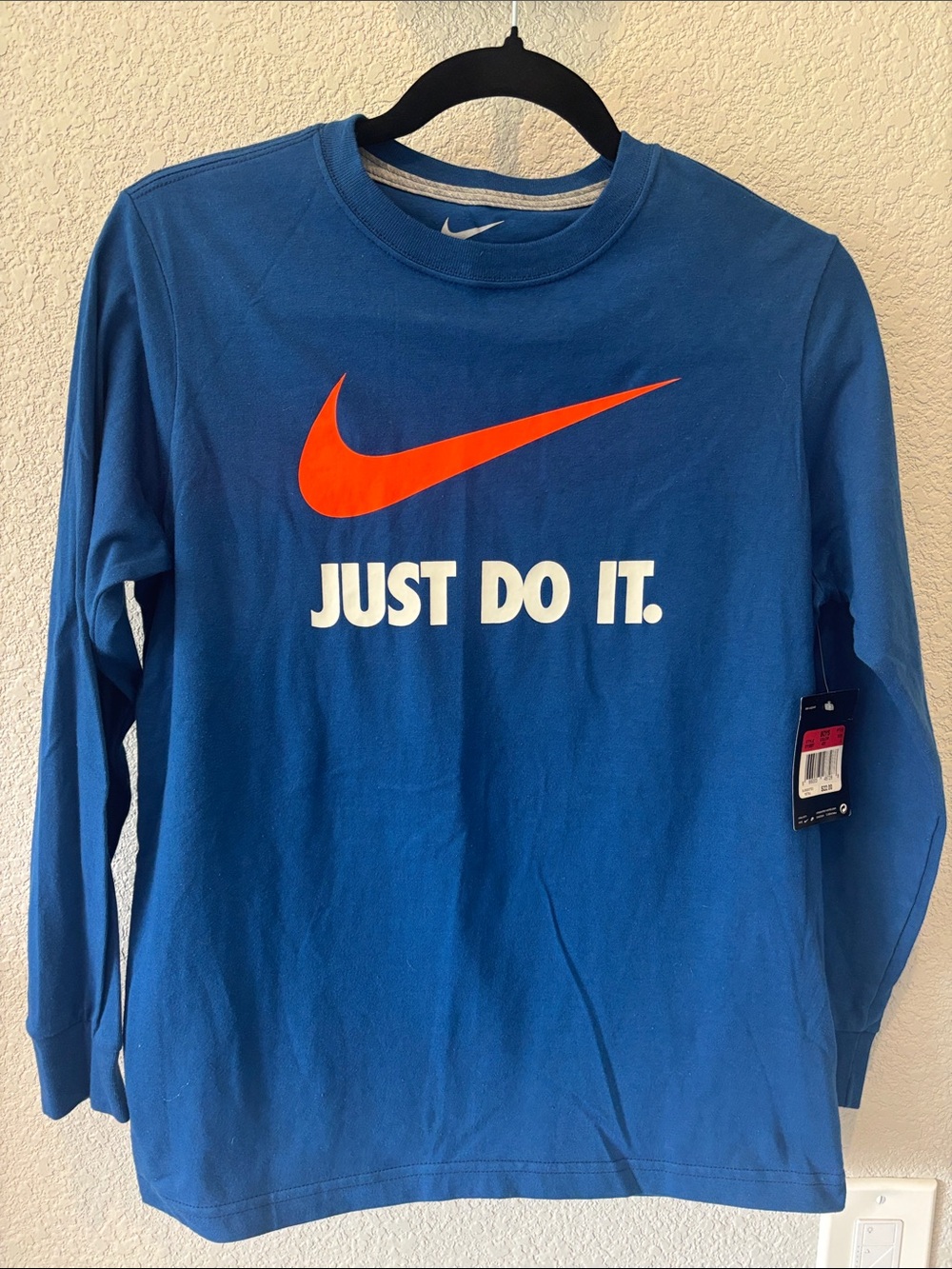 Nike Blue Long Sleeve Tee with Orange Swoosh and White 'Just Do It'